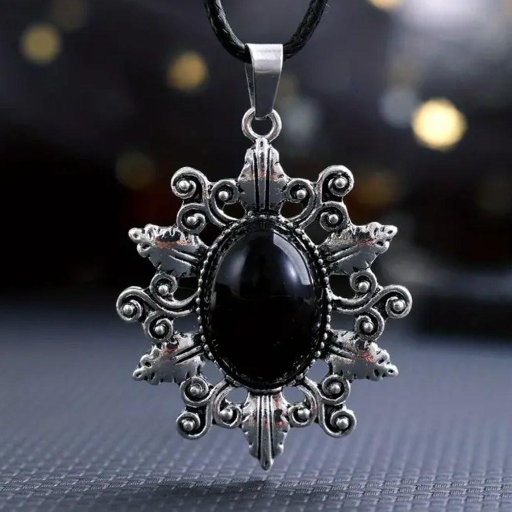 Black Obsidian Natural Stone Sunflower Pendant Hollow Pattern Gemstone Neckla…